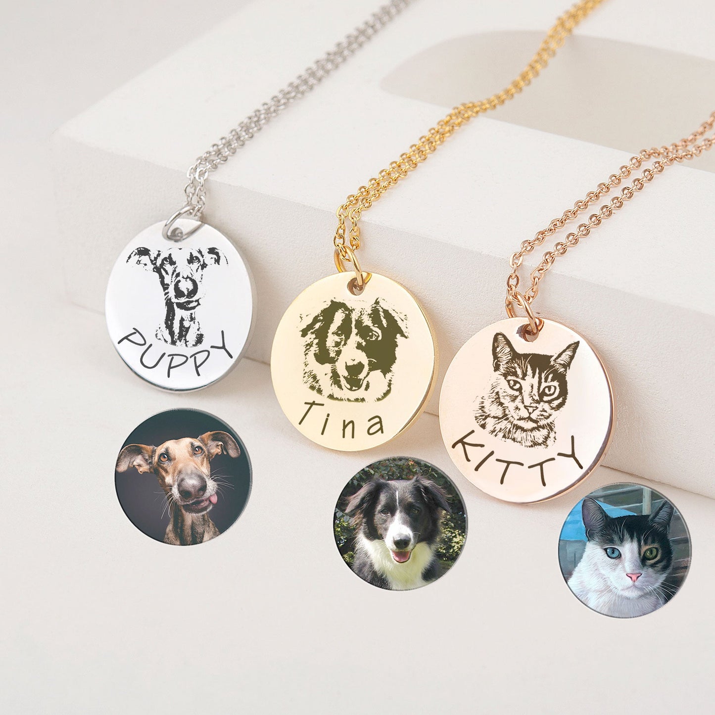 Custom Pet Portrait Photo Necklace, Engraved Dog Cat Photo Pet Memorial Gift