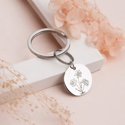 Custom Birth Flower Bouquet Key Chain, Personalized Floral Bouquet Key Chain