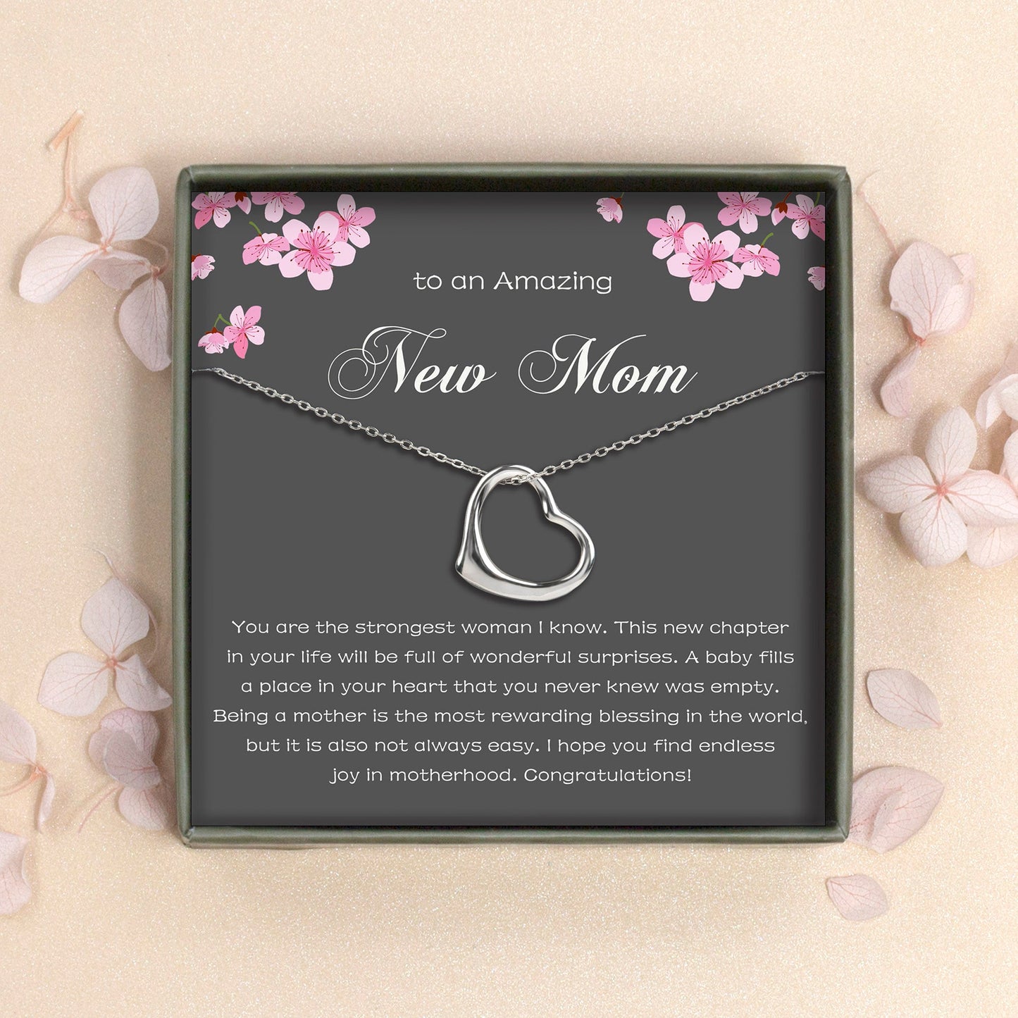 "To An Amazing New Mom" Dangling Heart Necklace, 925 Sterling Silver Mother's Day Gift Card Set