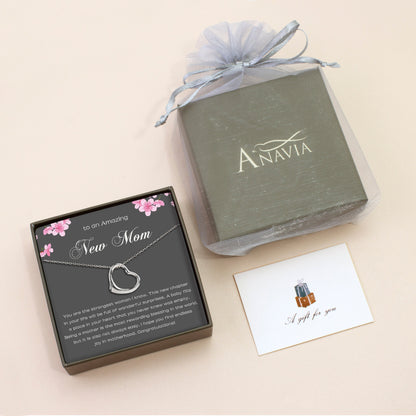 "To An Amazing New Mom" Dangling Heart Necklace, 925 Sterling Silver Mother's Day Gift Card Set