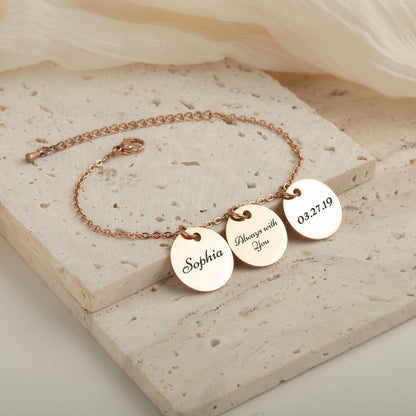 Personalized Round Charm Text Date Sterling Silver Chain Bracelet