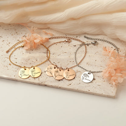 Custom Birth Flower and Name Charm  Bracelet