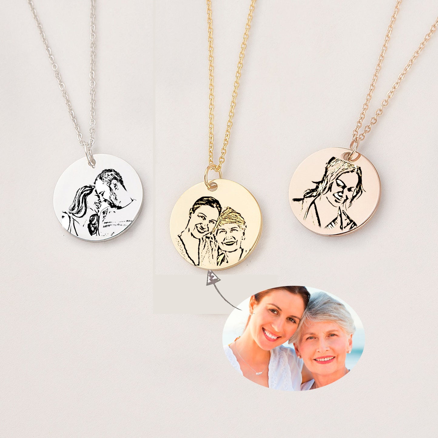 Personalized Mother and Daughter Photo Necklace, Engraved  Photo Disc Necklace for Her Valentine Gifts